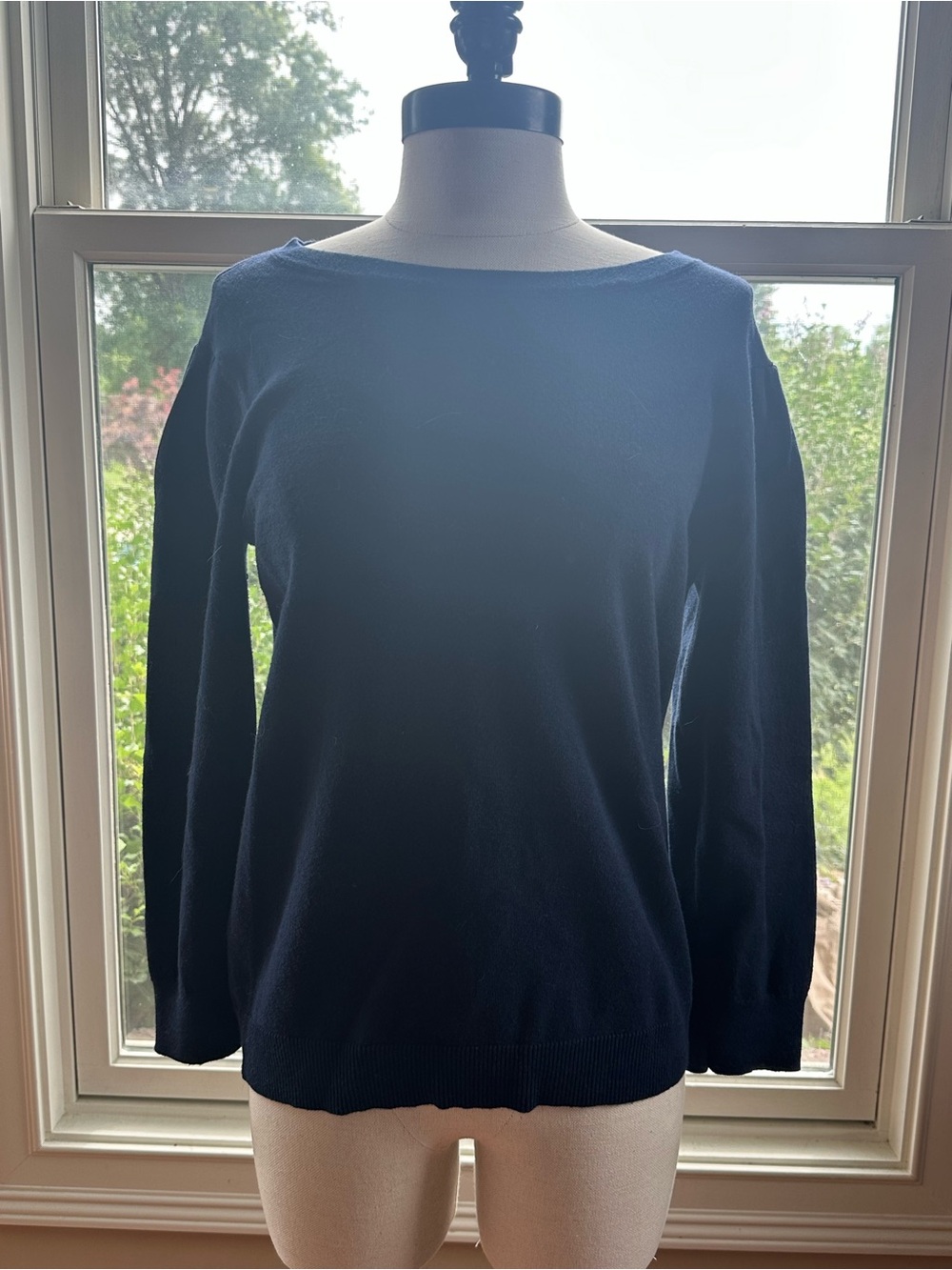 Tyler Boe Button Back Navy Knit Crewneck Sweater, Cashmere Blend